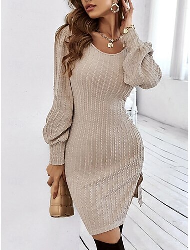  Damen Knielanges Kleid Pulloverkleid Bodycon Elegant Mode Täglich Outdoor Urlaub Schlank Einfach Langarm U-Ausschnitt Aprikose Herbst Winter