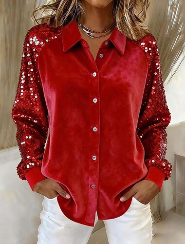  Halloween Año Nuevo Mujer Terciopelo Camisa para Vestido Abotonar la camisa Blusa de terciopelo Lentejuelas Vintage Moda Manga Larga Cuello Vuelto Tops regulares Diario Fiesta Invitado a la boda Azul