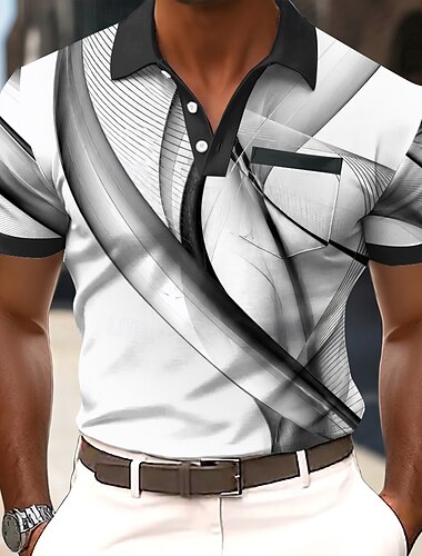  Voor heren Meetkundig Lijn Poloshirts Korte mouw Poloshirt Overhemden met kraag Zakelijk informeel Buiten Sportkleding Alledaagse kleding 3D-afdrukken Knop Lente zomer Zwart Paars Bruin
