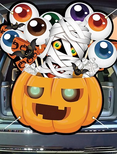  knask eller knep bilbagasjeromsflagg plissert viftebanner halloween baklukedekorasjon mumie gresskarøyne skrekk skummel hjemsøkt hage utendørsdekor