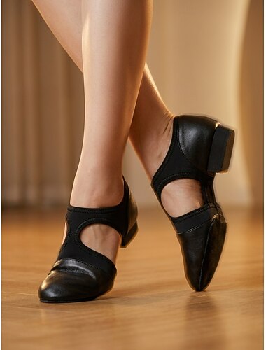  Dansschoenen voor dames met uitgesneden T-bandjes, een gesplitste antislipzool van suède, een zacht, elastisch zijontwerp en professionele, moderne trainingsschoenen voor volwassen dansers.