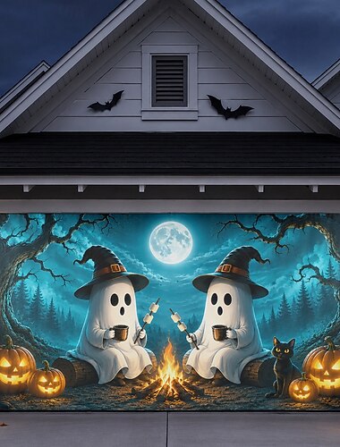  Osłona na drzwi garażowe na Halloween, duże dekoracje na Halloween na zewnątrz, urocze duchy, kapelusze czarownic, ognisko, pianki, czarny kot, dynie, las, księżyc, baner, dekoracja