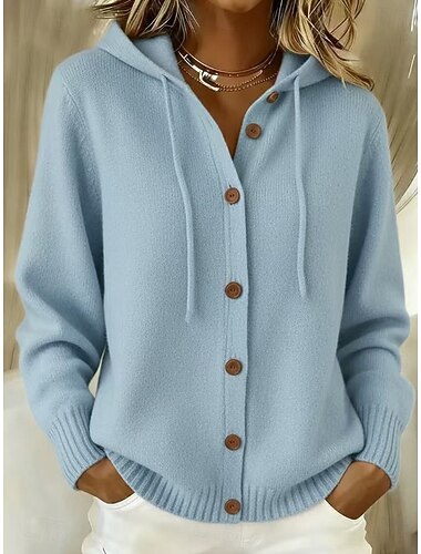  Damen Pullover Strickjacke Stilvoll Lässig Mit Kapuze Gestrickt Langarm Lange Oberteile Stricken Täglich Heim Ferien Blau Khaki Herbst Winter