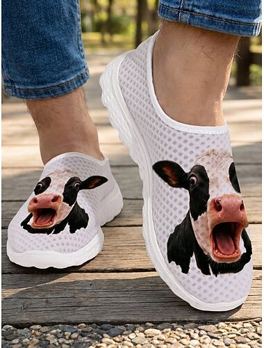  Scarpe da passeggio slip-on da uomo bianche con stampa mucca e tomaia in mesh traspirante a nido d'ape. &suola in EVA leggera, scarpe da ginnastica casual per passeggiate quotidiane, spiaggia e pesca.