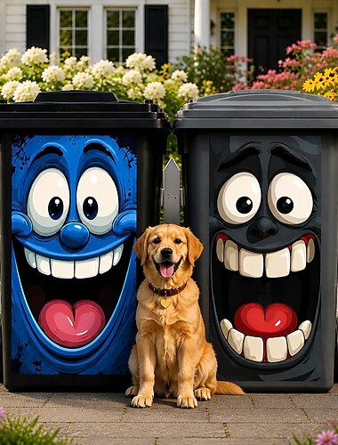  2 pegatinas autoadhesivas con caras divertidas para cubos de basura, ideales para la decoración del hogar. Vinilo adhesivo de PVC impermeable para cubos de basura, resistente a los rayos UV y
