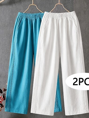  flerpakninger 2 stk dame linbukser bukser sommerbukser baggy bukser ferie grunnleggende avslappet full lengde høy midje enkle lomme brede ben elastisk linning myk komfortabel elastisk strandferie