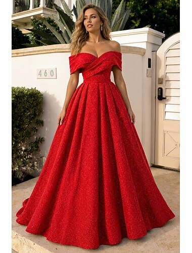  A-lijn Strijksleep Galajurken Avondjurken Baljurk  Formele kleding Elegant glinsterende Korte mouw Schouderafhangend Black tie gala Pailletten met Glitter Plooien