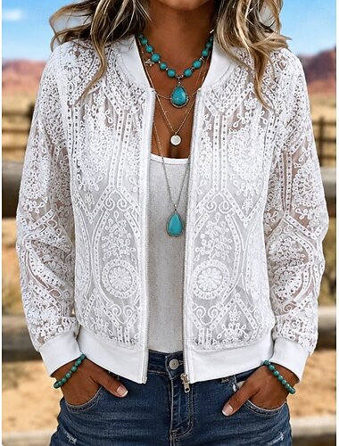  Per donna Giacca Casual Leggero Confortevole Ricamato Pizzo Illusione Elegante Quotidiano Casual Boho Vintage Casuale Quotidiano Vacanza Ferie Corto Collo alla coreana Vestibilità regolare Manica