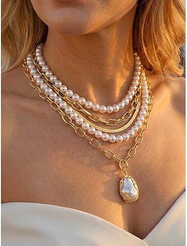  Conjunto de colar feminino de 4 camadas em liga metálica dourada &Colar com pingente de pérolas falsas, corrente em camadas com pérolas irregulares, ideal para festas, casamentos, jantares, férias e