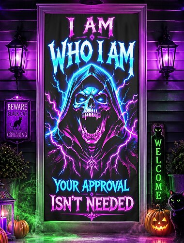  Cubierta de puerta de Halloween reactiva a luz negra UV con cita de la Parca, pancarta de puerta de neón con calavera "Soy quien soy", telón de fondo para puerta principal, porche, entrada, decoración
