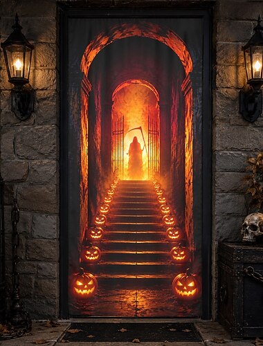  Cubierta de puerta de Halloween, pancarta de escalera de la Parca, ilusión 3D, pasillo embrujado de fuego, fondo de puerta principal de calabaza de Halloween, decoración para fiesta de Halloween