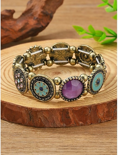  Dames boho stretcharmband, vintage statement bangle van legering met kleurrijk medaillon, elastisch polssieraad voor vakantie, festival, feest, reizen &dagelijkse kleding