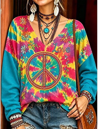  Halloween Dames Oversized Blouse Afdrukken Bloemig Kat Elegant Bohemen Vintage Lange mouw 3/4 mouw V-hals Normale tops Casual Sport blauw Geel Blozend Roze Paars Zomer Lente