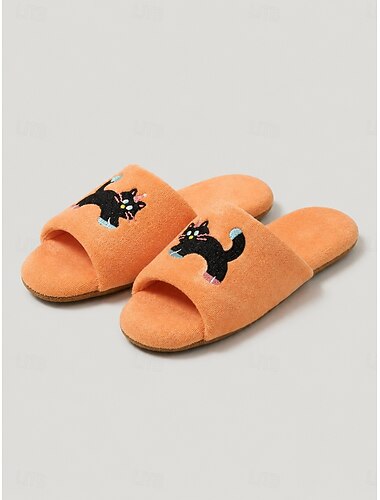  Orangefarbene Frottee-Hausschuhe für Damen – niedliche, bestickte Katzen-Sandalen mit offener Zehenpartie für Zuhause und Schlafzimmer &Spa