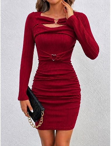  Damen Minikleid Strickkleid Bodycon Elegant Mode Täglich Urlaub Party Schlank Einfach Langarm V Ausschnitt Wein Herbst Winter