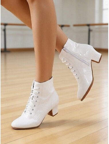  Stivali da ballo da donna bianchi con stampa coccodrillo - scarpe da ballo jazz con tacco cubano e lacci, chiusura con cerniera laterale &suola in gomma antiscivolo per allenamento e performance
