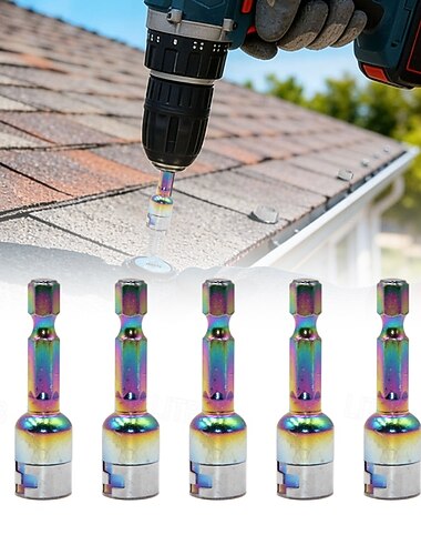  5 adattatori per avvitatore a dado esagonale da 8 mm, in acciaio CR-V non magnetico con finitura iridescente per viti autofilettanti per tetti, viti per lamiera e elementi di fissaggio per tetti in