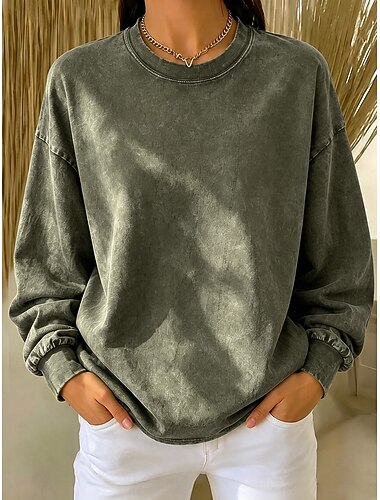  Dames Gewassen katoen Trui-sweatshirt Sweatshirts Vintage Sport Modieus Lange mouw Strakke ronde hals Normale tops Zwart Leger Groen Donkergrijs Rode roos Beige Lente Herfst