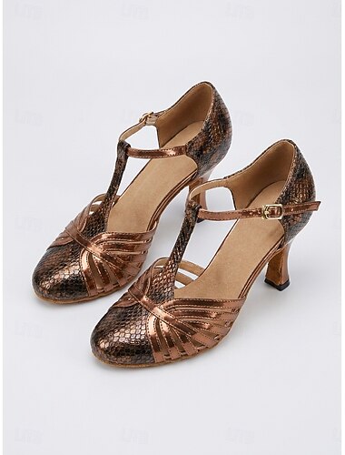  Damesdansschoenen - vintage jaren 20 Gatsby T-band flapper met metallic bronzen uitlopende middelhoge hakken voor een Gatsby-themafeest, een Roaring Twenties-kostuum of ballroomdans.