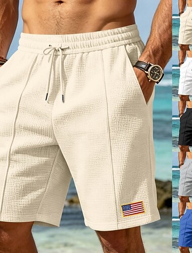  Herre Vaffelshorts Shorts Sommershorts Casual shorts Snorer Lomme Elastisk midje عادي Komfort Pustende Knelengde utendørs Strand Feriereise Ferie Mote Hvit Svart Mikroelastisk