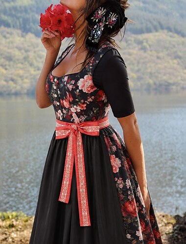  Dames Bloemige Dirndl Jurk met Schort Oktoberfest Beierse Carnaval Bierfestival Trachtenkleid Traditionele Stijl