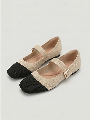  Dames Mary Jane ballerina's in camelkleur met kleurblokken en een ademende, gevoerde binnenzool. &Flexibele, antislip platte zool, comfortabele instapschoenen voor dagelijks gebruik, woon-werkverkeer