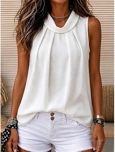  Mujer Chaleco de lino y algodón Color sólido Vintage Elegante Básico Sin Mangas Cuello Alto Tops regulares Casual Diario Blanco Verano Primavera