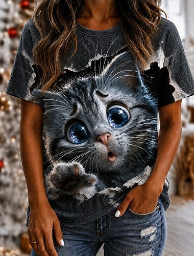  Women's T Shirt Color Block Print Graphic Animal Cat Vintage Stylish Classic Short Sleeve Crew Neck Round Neck Regular Tops Casual Daily White Black Summer Spring Fall Winter