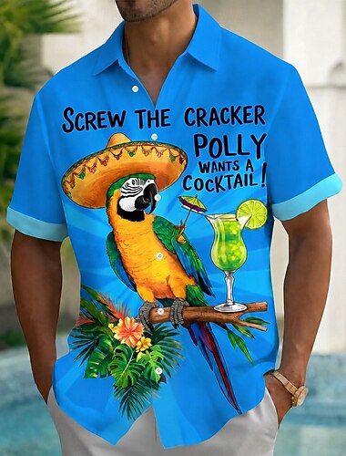  Per uomo Pappagallo Gergo divertente Piante Tropicali Camicia hawaiana estiva Camicia con Bottoni Camicia Aloha Manica Corta Hawaiano Casuale Vacanza Estate Primavera Collo ripiegato Stampa 3D