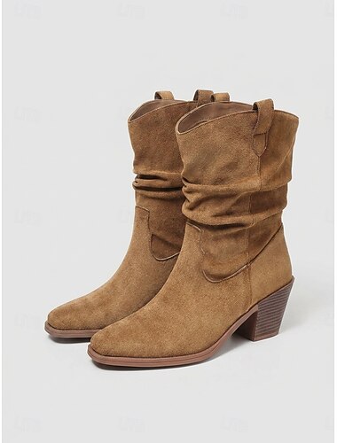  Botas femininas de camurça sintética cor camelo com salto grosso - botas casuais de cano médio estilo cowboy com salto bloco para outono, inverno e viagens. &roupa para uso diário