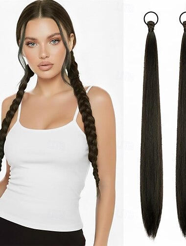  2 extension per coda di cavallo marrone scuro con elastico per capelli, extension per coda di cavallo intrecciata fai da te, extension per capelli lisci e lucenti, morbide e soffici, ideali per l'uso