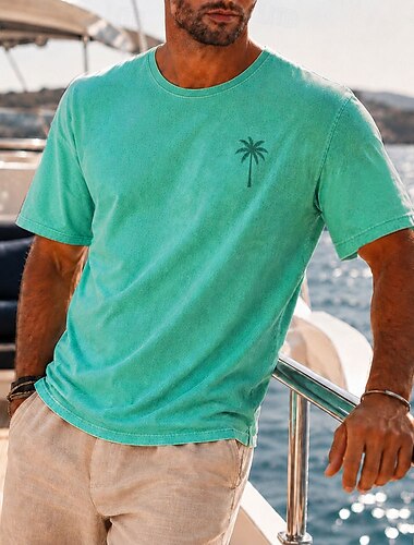  Herr Palmblad Kokosnötspalm Syratvättad skjorta Tung t-shirt Kortärmad T-shirt DTG Rund hals Skjorta Hawaiisk Dagligen Helgdag Blå Purpur Grön Vår & sommar Kläder S M L XL XXL