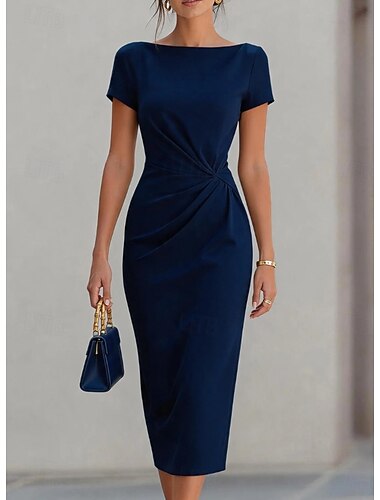  Dames blauw Wit Zwart Lente Halflange jurk Schede jurk Feest Semi-formele jurken Formeel Normale pasvorm Effen Boothals