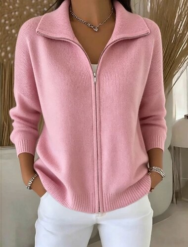  Cardigã feminino rosa com zíper até o peito, manga comprida, gola alta, tricô, estilo pulôver casual para o outono.