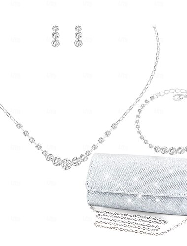 Set di Gioielli 4 Con diamantini Strass Cromo 1 Collana 1 Bracciale Borsa Orecchini Per donna Moda Rotondo Parure di gioielli Per Feste Matrimonio