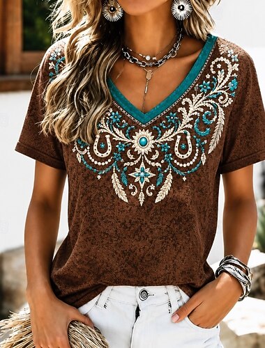  American Independence Day Women's T Shirt Print Graphic American Flag Vintage Stylish Classic Short Sleeve V Neck Regular Tops Casual Daily Dark Brown Brown Green Summer Spring