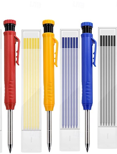  5-farbiges Set Druckbleistifte für Zimmerleute, nachfüllbarer Konstruktionsmarkierstift mit Ersatzminen, robustes Werkzeug für Holzbearbeitung, Bauwesen, Maurerarbeiten und Heimwerkerprojekte.