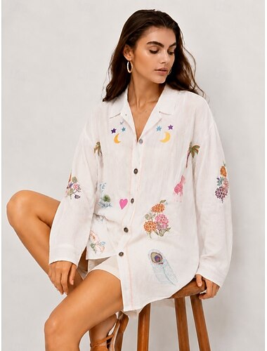 Camisa bordada para mujer, camisa boho, camisa casual, fruncida, bohemia, vacaciones, tropical, manga larga, tops regulares, casual, blanco, verano, primavera, otoño, invierno