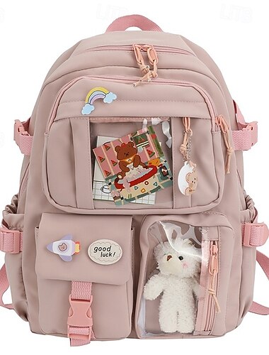  Sac à dos scolaire pour adolescentes, style Harajuku japonais, orné de jolis pins et d'une breloque en peluche, grand format et multi-poches, idéal pour le collège et le lycée.