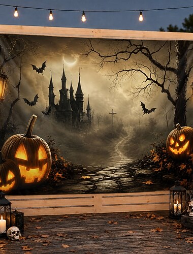  Tło na Halloween, nawiedzony zamek, ścieżka z dyni, gobelin ścienny, upiorny krajobraz w świetle księżyca, tło zewnętrzne, dekoracja ścienna na patio, werandę, ogrodzenie, imprezę, stoisko