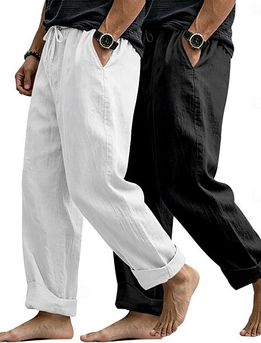  Herren Leinenhosen Hose Sommerhose Strandhose Kordelzug Tasche Elastischer Bund Einfarbig Komfort Bequem Täglich Outdoor Strand Urlaub Mode Khaki + Schwarz Schwarz + Himmelblau Unelastisch