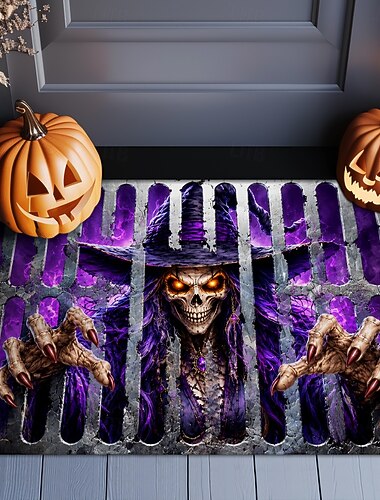  felpudo de Halloween con ilusión óptica 3D, felpudo de bruja, calavera, felpudo morado con sombrero de bruja aterrador, alfombra de entrada para interiores y exteriores, decoración espeluznante para