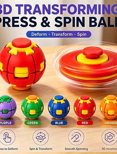  5-pakning 3D-transformerende presse &Spinnball, 2-i-1 deformerbar fidget spinner-leke for barn &voksne, sensorisk stresslindrende håndspinner 3D-puslespillball, skrivebordsleketøy festgaver