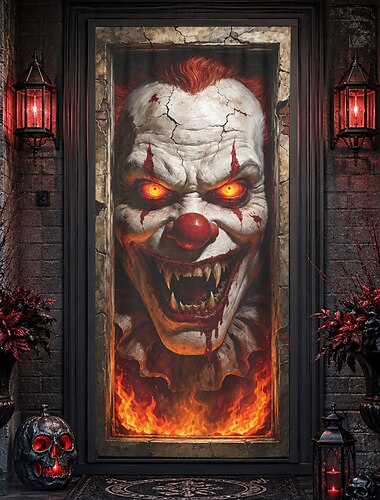  Cubierta de puerta de Halloween, cara de payaso malvado, decoración de puerta, casa embrujada espeluznante, suministros para fiestas, envoltura de puerta de payaso asesino, telón de fondo de puerta