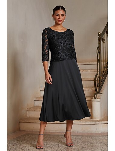  Dames A-lijn Cocktail jurk Bruiloft gast jurk Over de knie Strakke ronde hals 3/4 mouw Illusie Elegant Casual / Dagelijks Moeder van de bruid Semi formeel met Satijn Kant Gesplitst Zwart