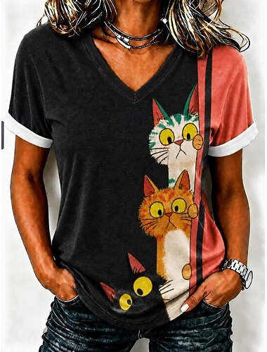  Pentru femei Tricou Imprimeu Grafic Animal Pisica Stilat Clasic Casual Manșon scurt În V Topuri lungi Casual Zilnic Bej Deschis Negru Galben Vară Primăvară