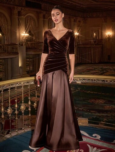  A-Linie Bodenlang Abendkleid Elegant Glitzernd Mutter der Braut Halbarm V Ausschnitt Hochzeit Formell Satin Samt mit Falten Gerafft Einfarbig