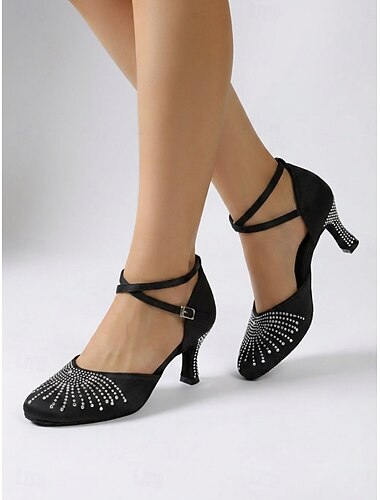  Damesdansschoenen van zwart satijn met strasssteentjes - elegante, gesloten latin hakken met gekruiste enkelbandjes &Zachte suède zool voor wals, tango en gezelschapsdansen. & concurrentie