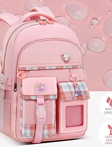 Sac à dos scolaire pour filles, cartable léger et imperméable pour les élèves du primaire (du CP au CM2), sac ergonomique avec sangle de poitrine, grand sac à dos rose à carreaux.