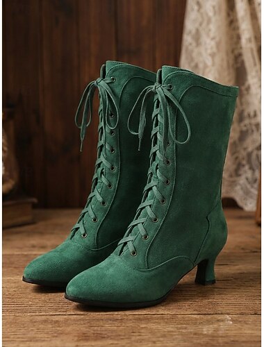  Stivali da donna in camoscio verde a metà polpaccio - scarpe vittoriane con lacci e tacco a spillo, stile medievale, vintage, rinascimentale, da costume.